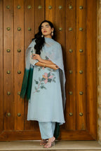 POWDER BLUE MUL CHANDERI FLORAL SUIT SET