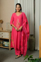 FUSCHIA PINK ELEGANCE HAND-PAINTED DUPATTA SUIT SET