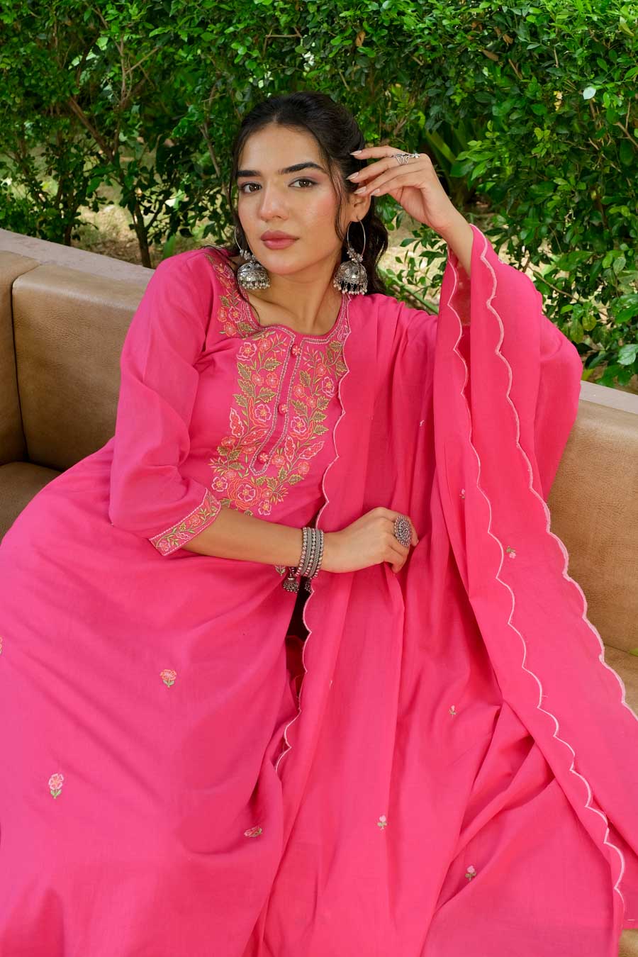 PINK FLORAL EMBROIDERED SUIT SET