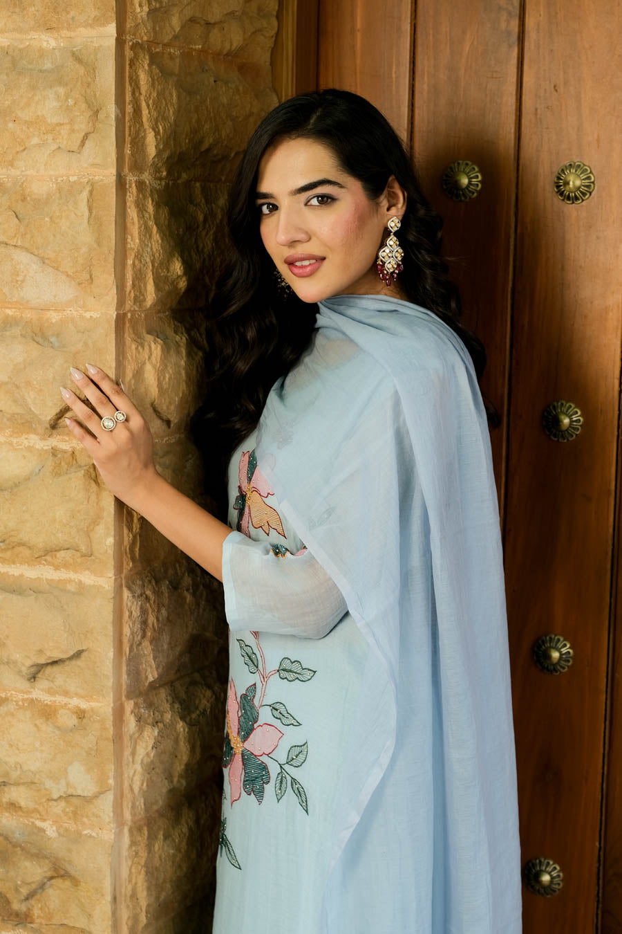 POWDER BLUE MUL CHANDERI FLORAL SUIT SET