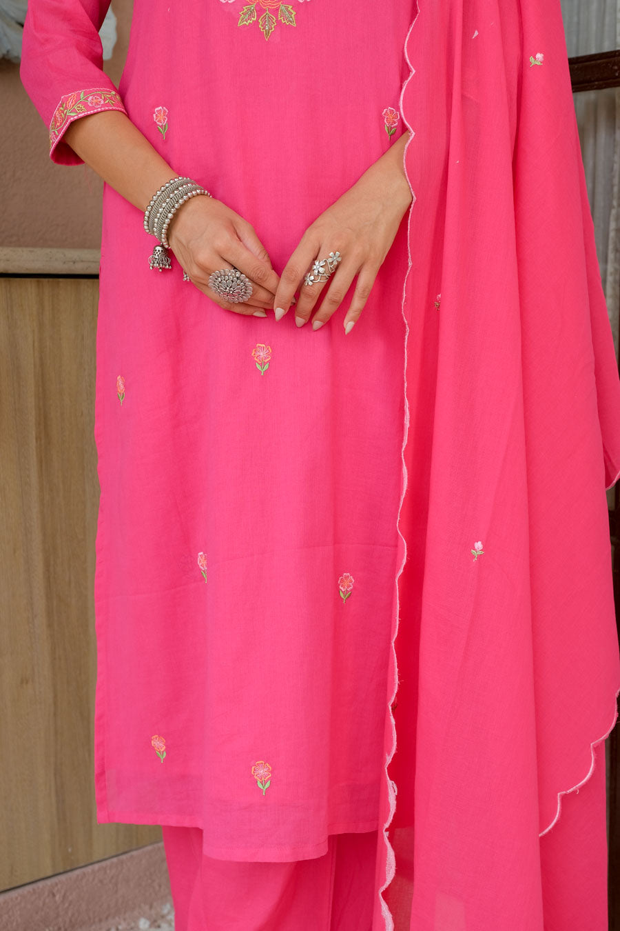 PINK FLORAL EMBROIDERED SUIT SET