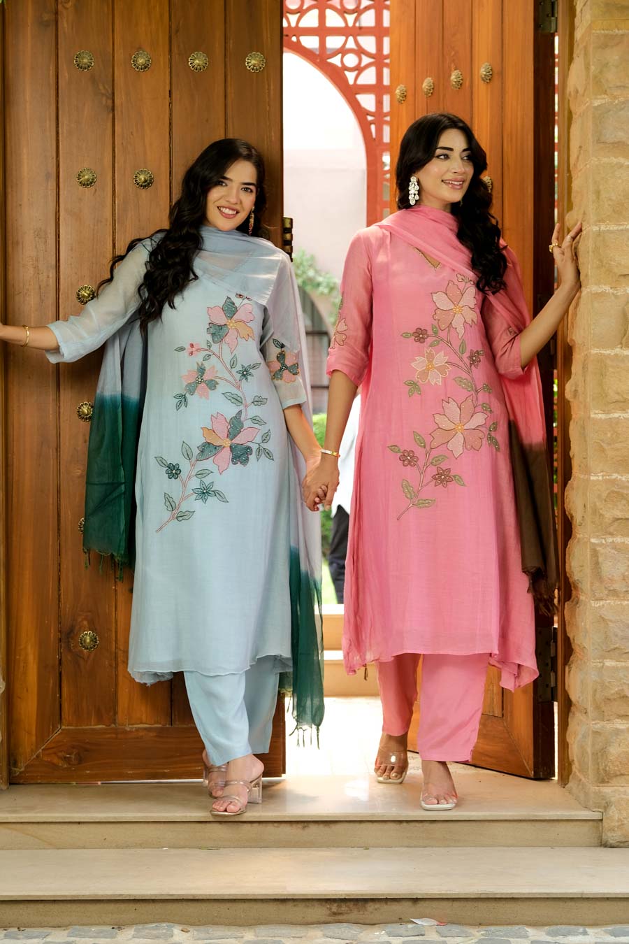 POWDER BLUE MUL CHANDERI FLORAL SUIT SET
