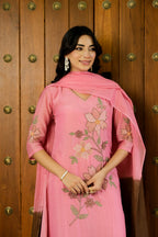 NOOR PINK MUL CHANDERI FLORAL SUIT SET