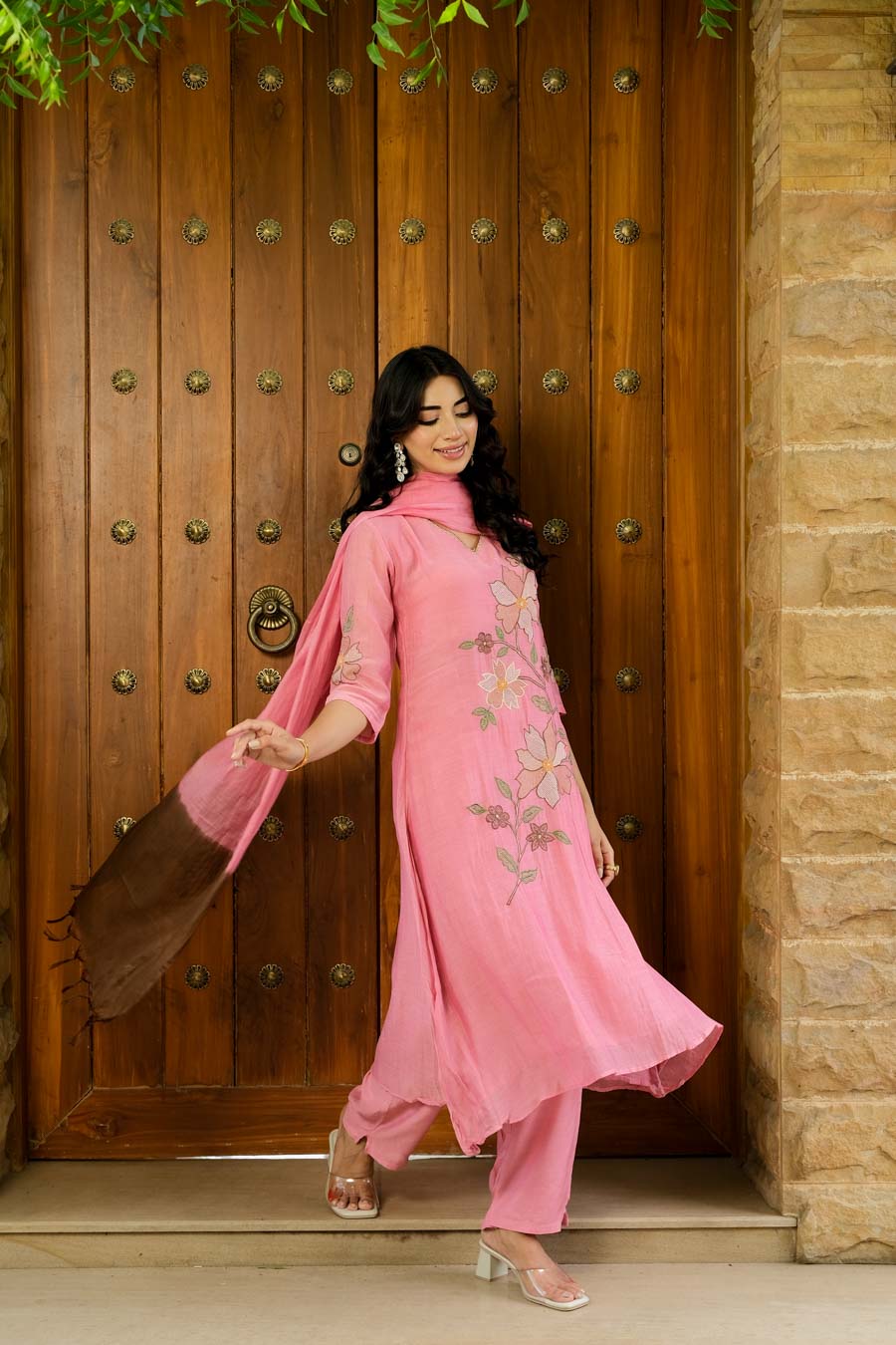 NOOR PINK MUL CHANDERI FLORAL SUIT SET