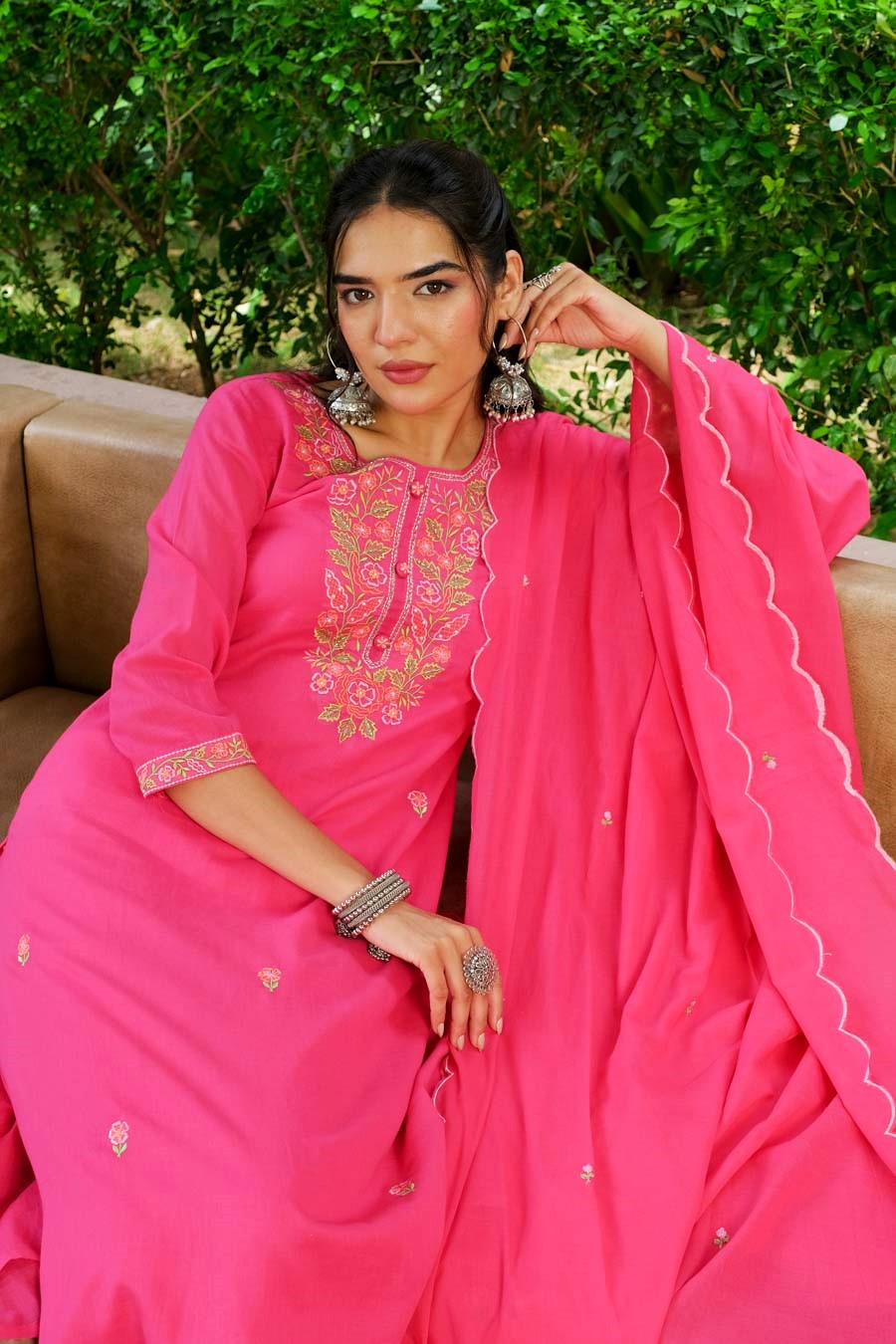 PINK FLORAL EMBROIDERED SUIT SET