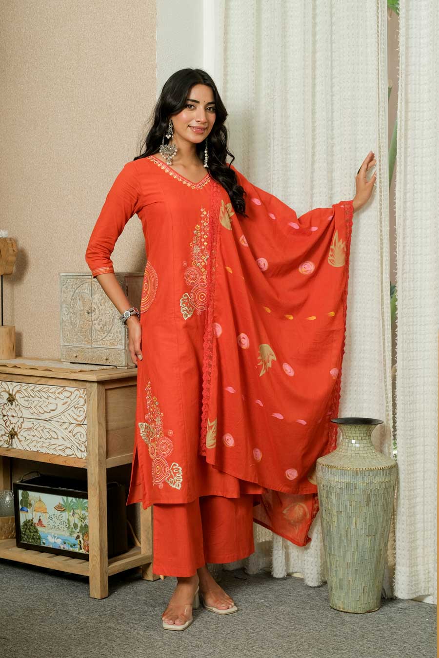 RUST ELEGANCE HAND-PAINTED DUPATTA SUIT SET