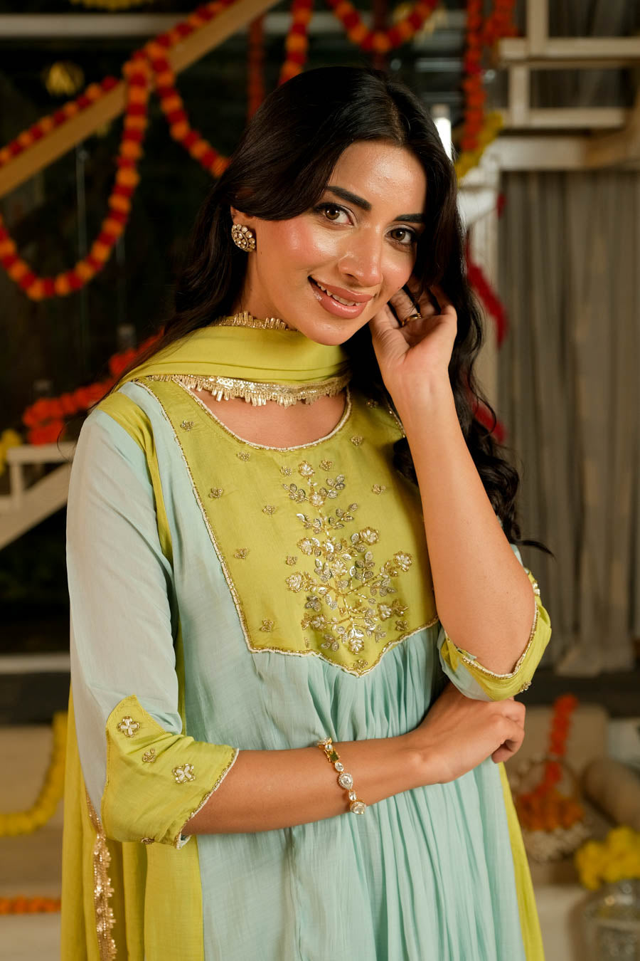 OLIVE ACQUA MUL CHANDERI SUIT SET