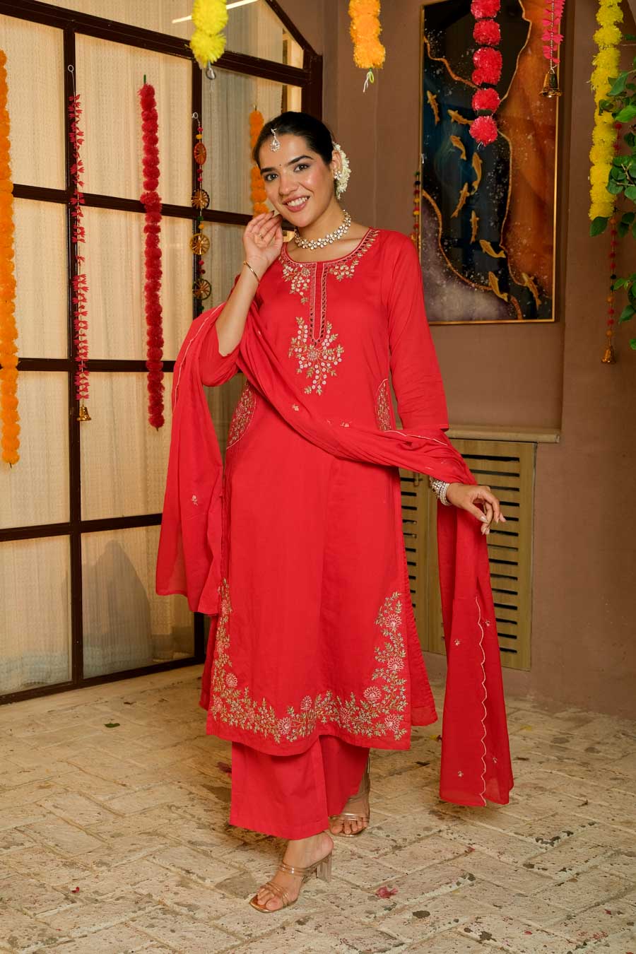 KARWA RED EMBROIDERED SUIT SET