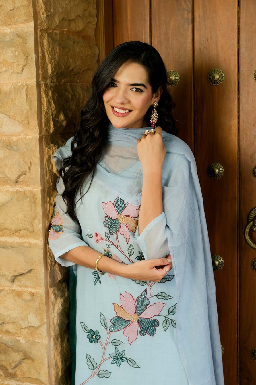 POWDER BLUE MUL CHANDERI FLORAL SUIT SET