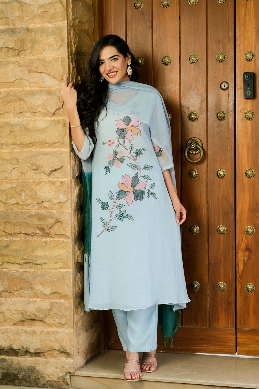 POWDER BLUE MUL CHANDERI FLORAL SUIT SET