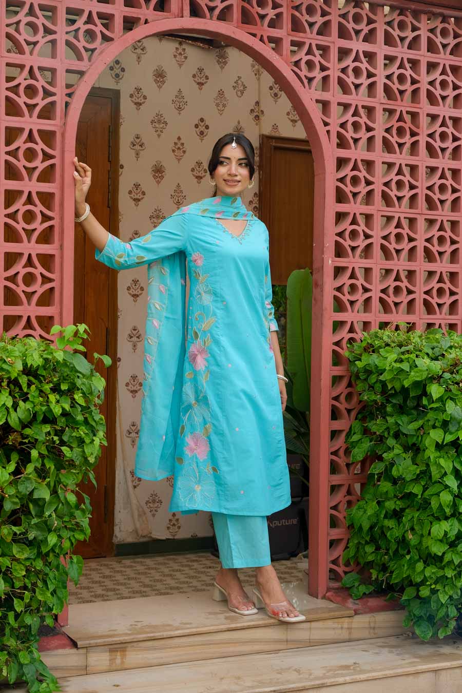 AQUA FLORAL EMBROIDERED SUIT SET