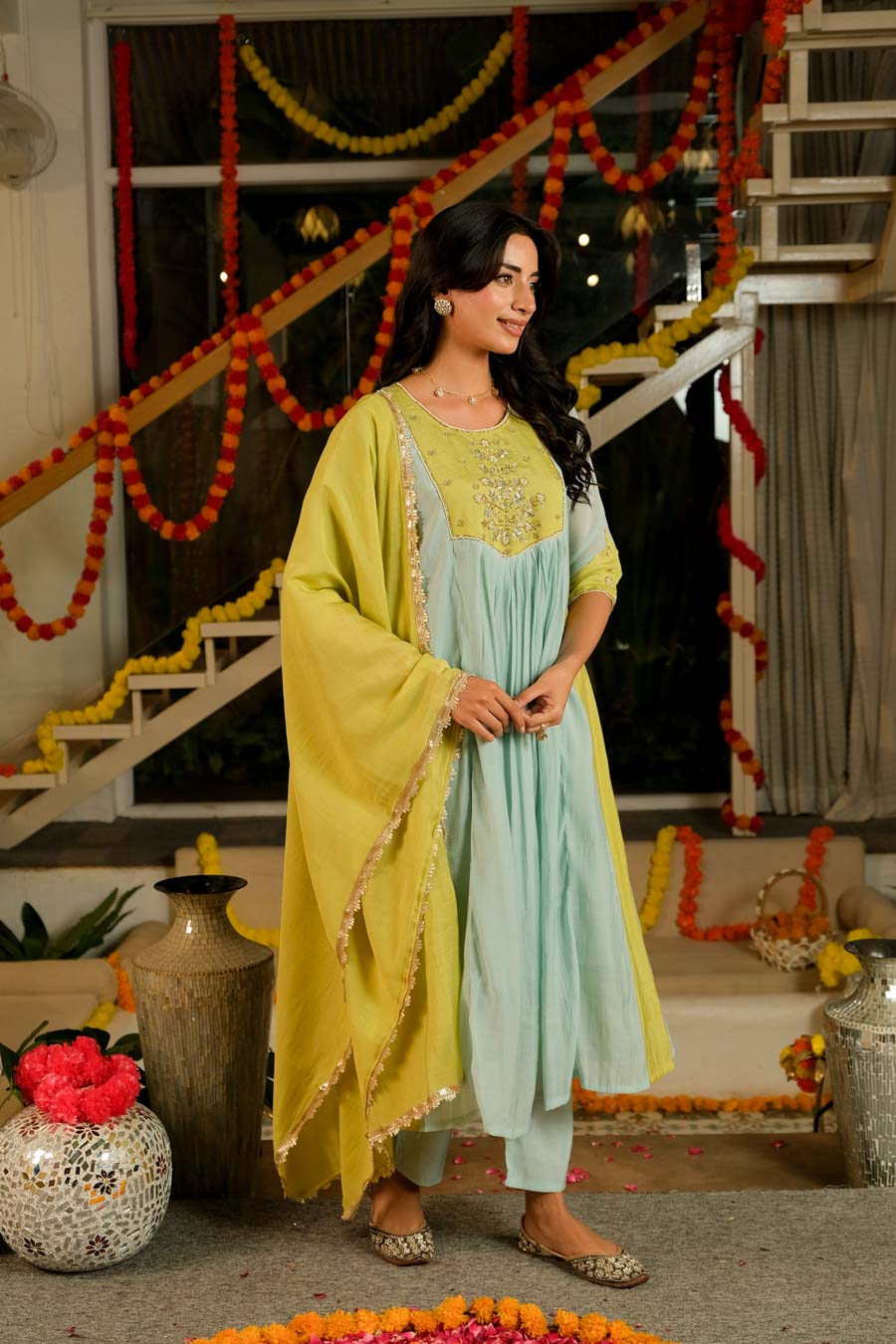 OLIVE ACQUA MUL CHANDERI SUIT SET