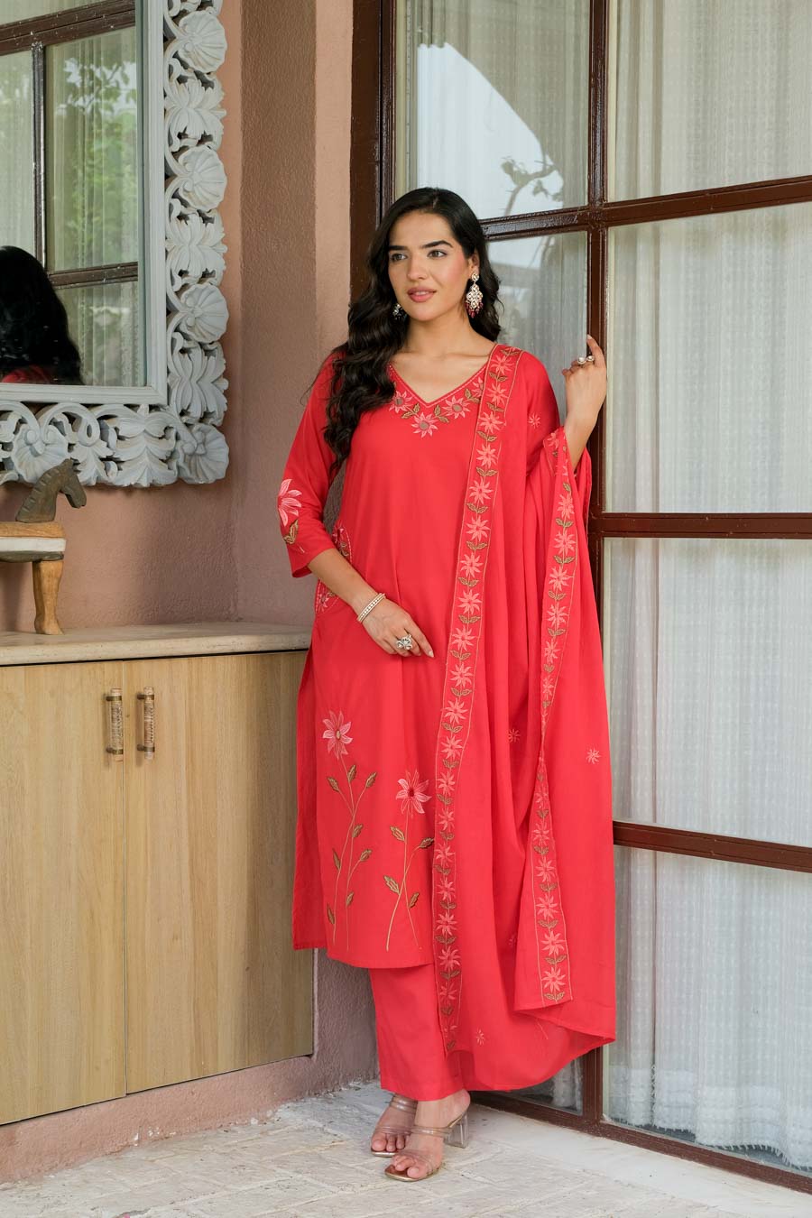 KAIRA BLUSH RED FLORAL SUIT SET