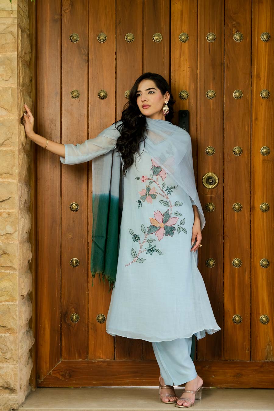 POWDER BLUE MUL CHANDERI FLORAL SUIT SET