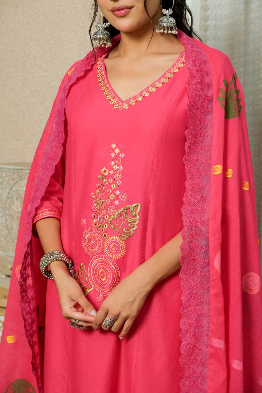 FUSCHIA PINK ELEGANCE HAND-PAINTED DUPATTA SUIT SET