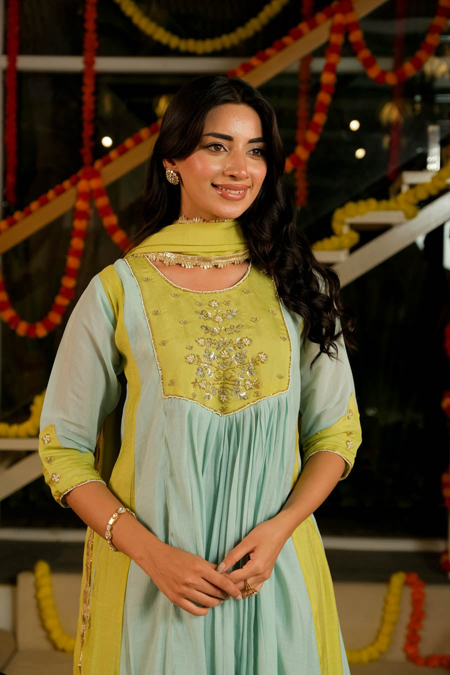 OLIVE ACQUA MUL CHANDERI SUIT SET