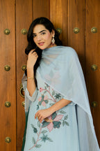 POWDER BLUE MUL CHANDERI FLORAL SUIT SET