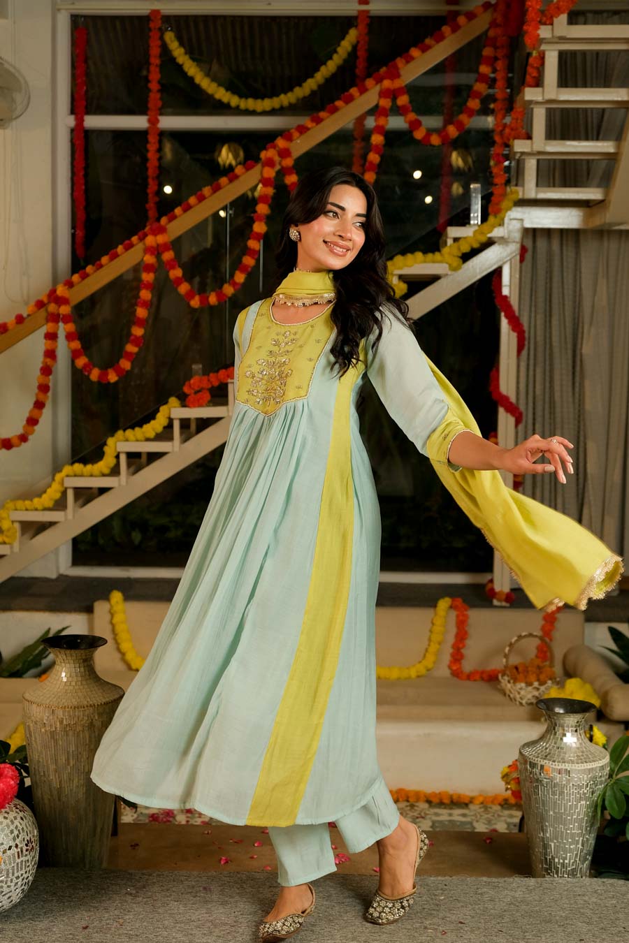 OLIVE ACQUA MUL CHANDERI SUIT SET