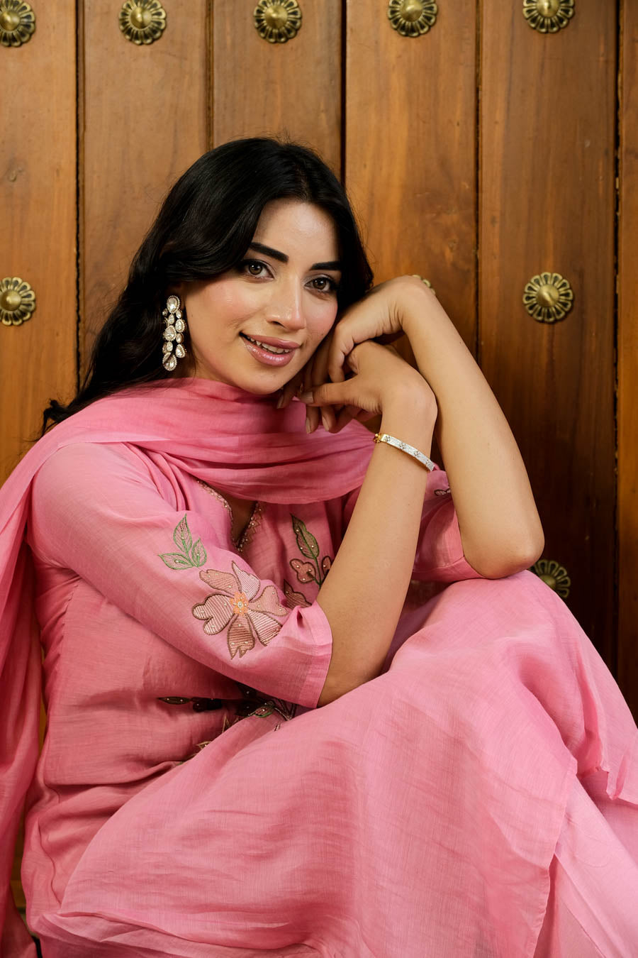 NOOR PINK MUL CHANDERI FLORAL SUIT SET