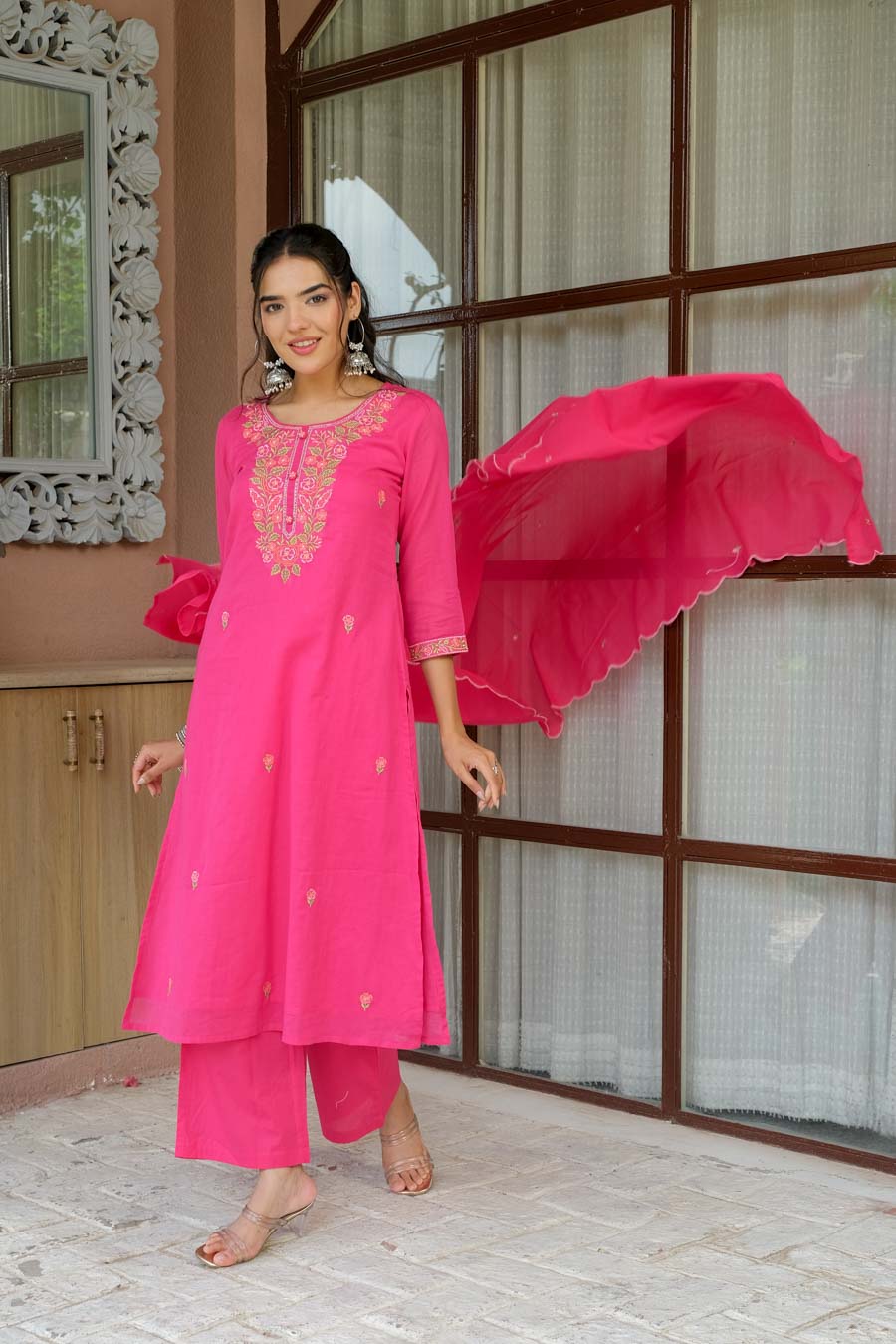 PINK FLORAL EMBROIDERED SUIT SET