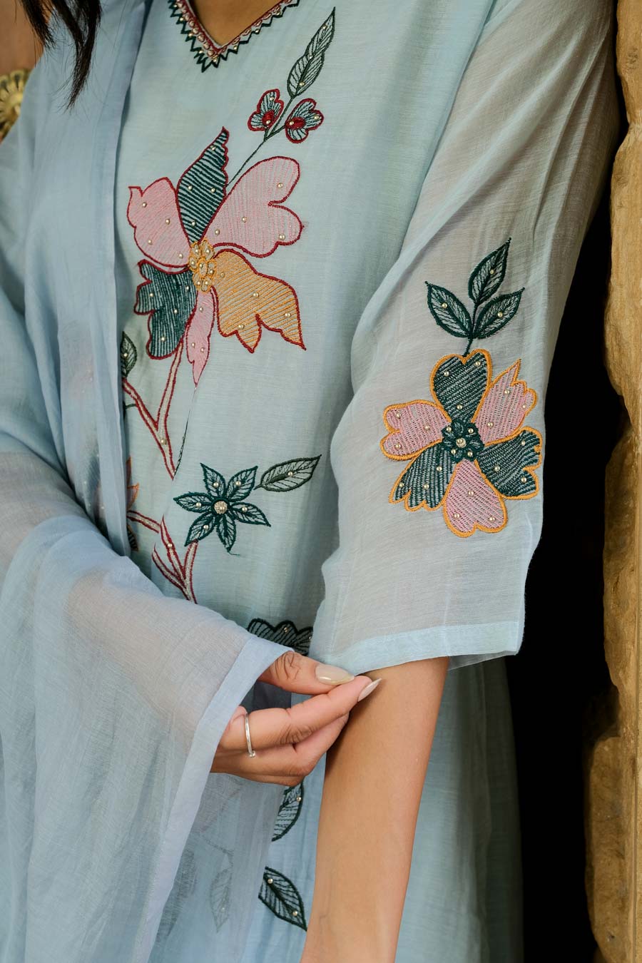 POWDER BLUE MUL CHANDERI FLORAL SUIT SET