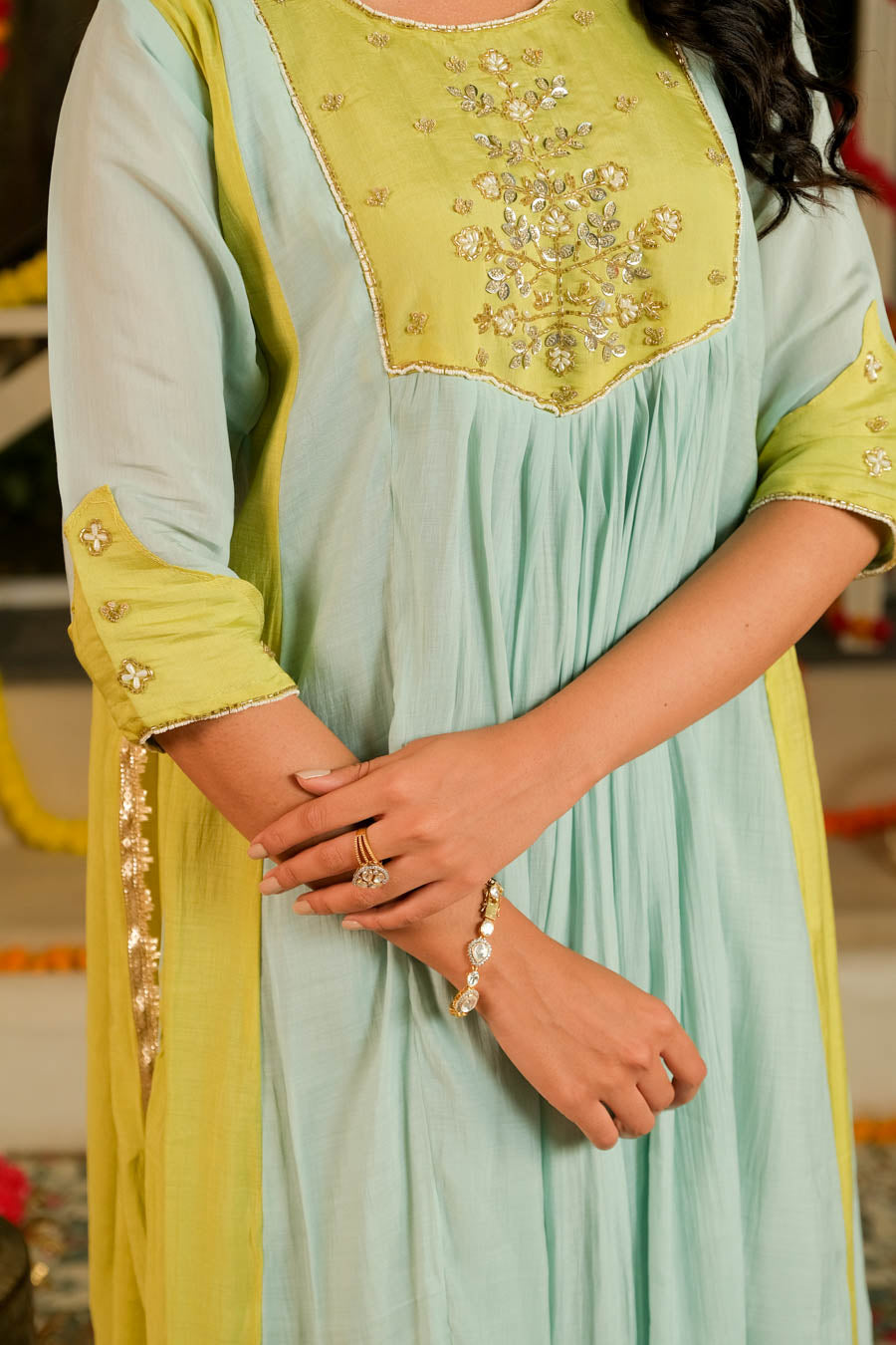 OLIVE ACQUA MUL CHANDERI SUIT SET