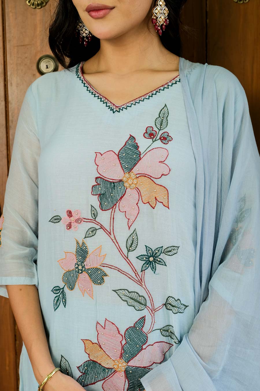 POWDER BLUE MUL CHANDERI FLORAL SUIT SET