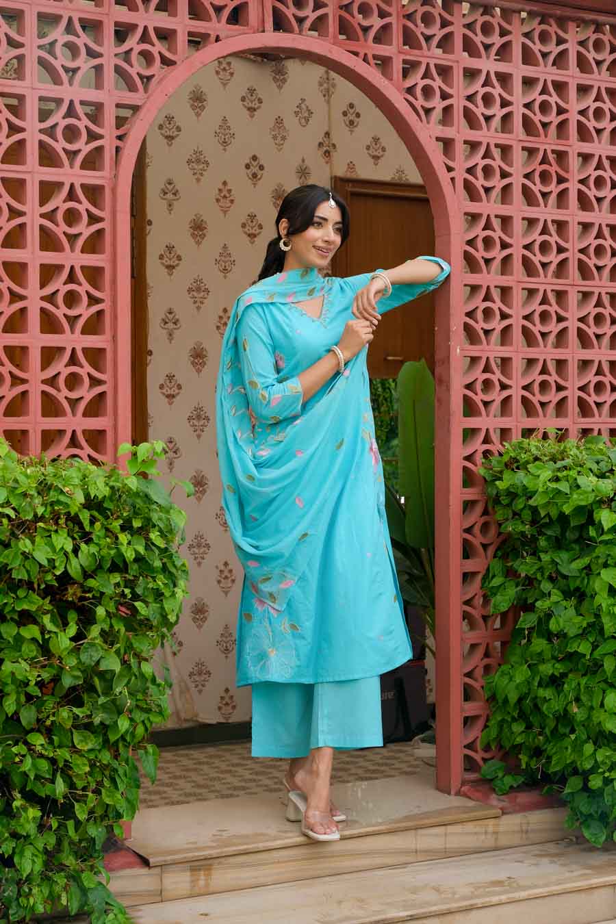 AQUA FLORAL EMBROIDERED SUIT SET