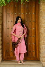NOOR PINK MUL CHANDERI FLORAL SUIT SET