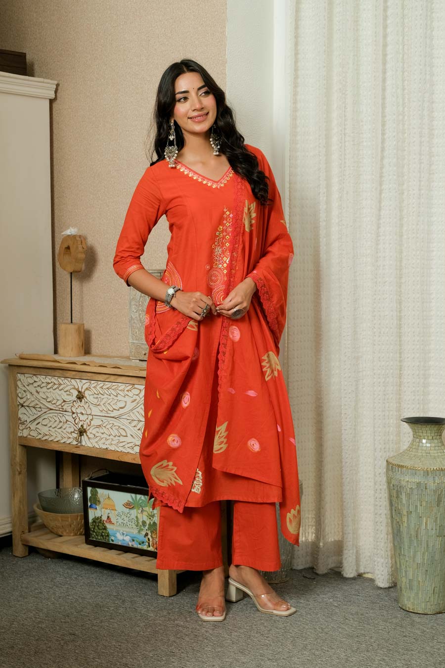 RUST ELEGANCE HAND-PAINTED DUPATTA SUIT SET
