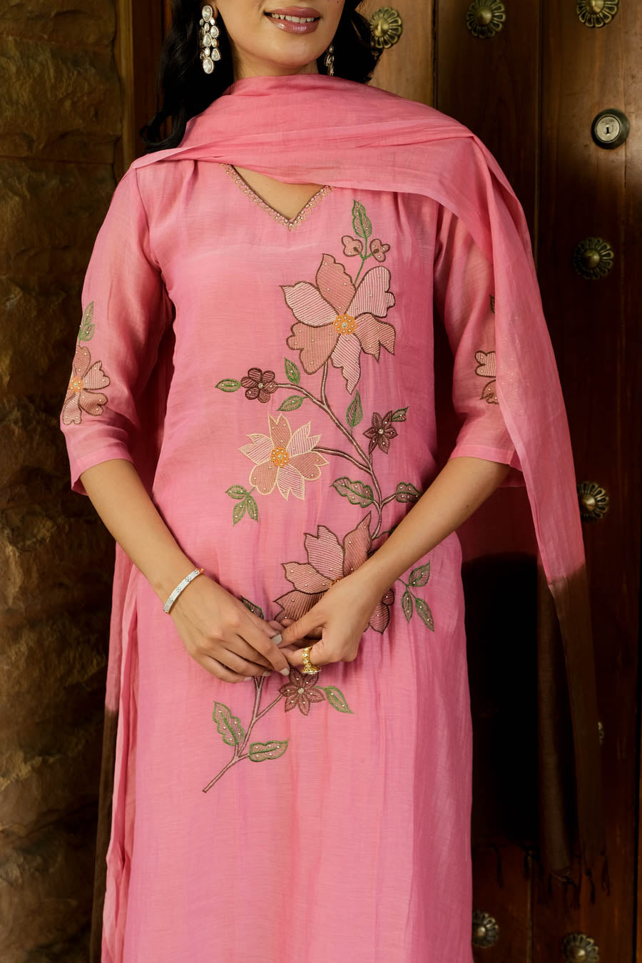 NOOR PINK MUL CHANDERI FLORAL SUIT SET