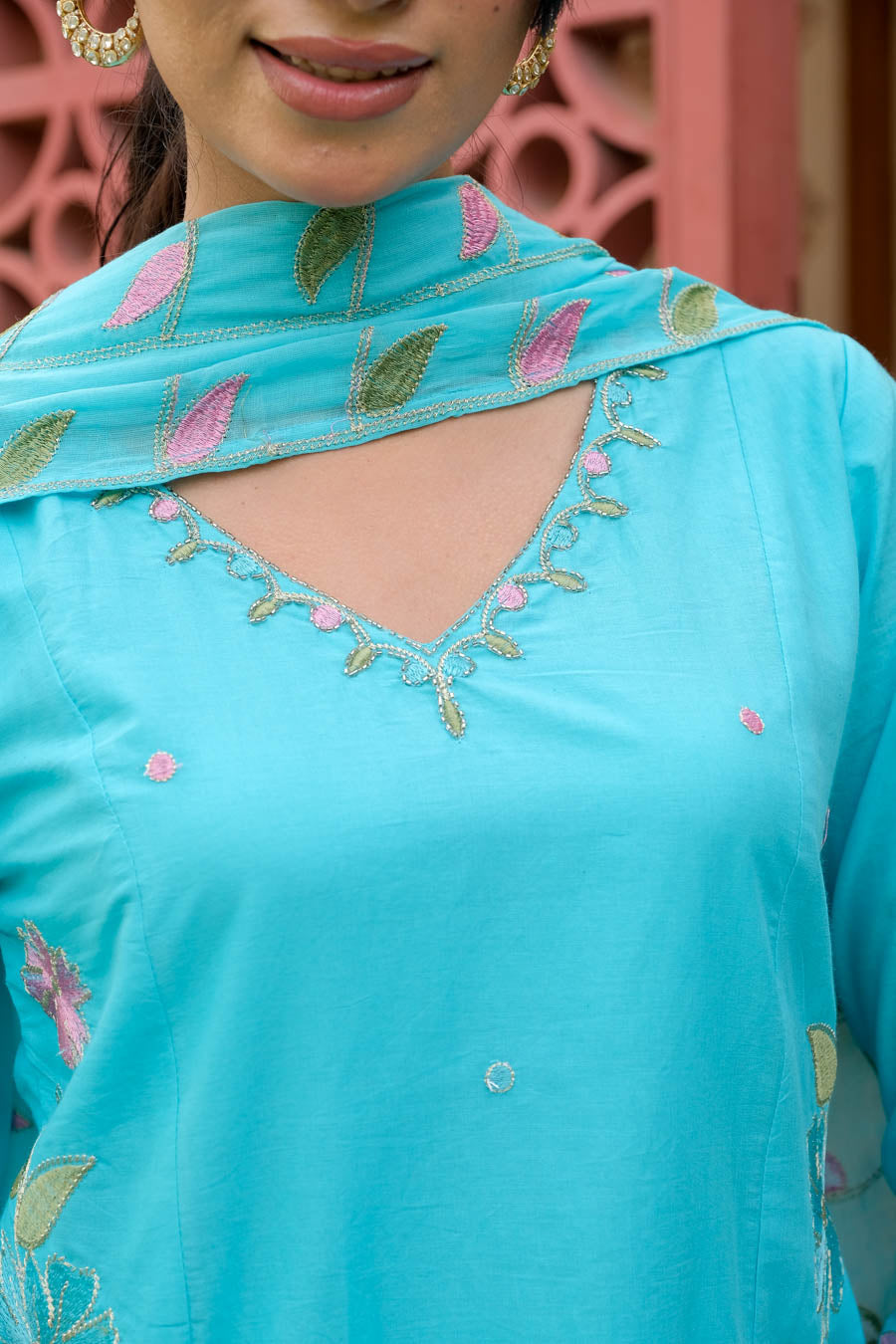 AQUA FLORAL EMBROIDERED SUIT SET