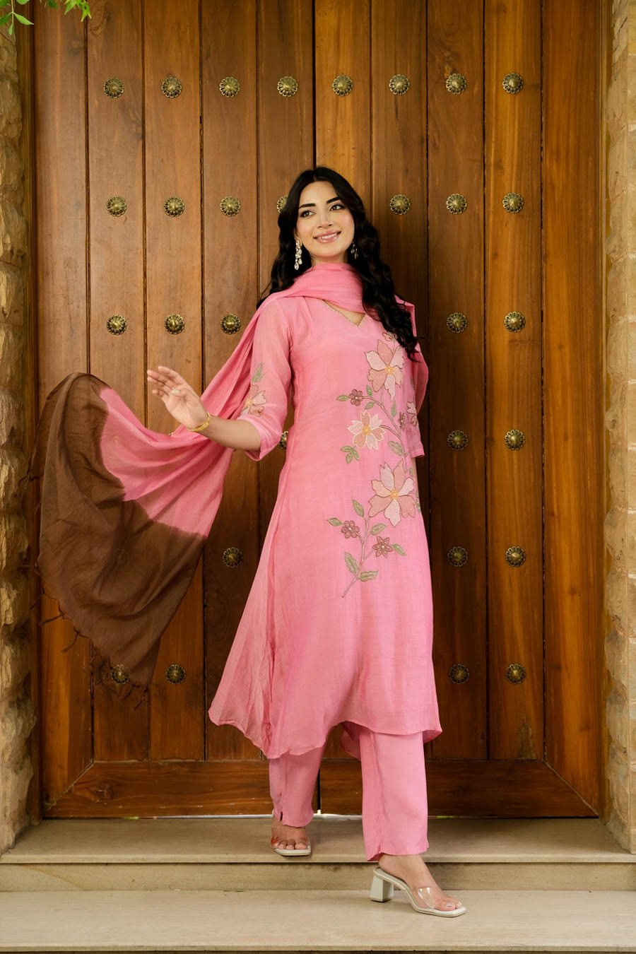 NOOR PINK MUL CHANDERI FLORAL SUIT SET