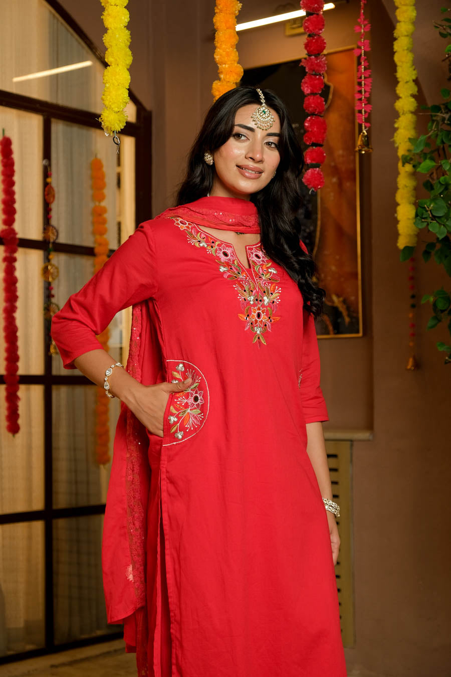 RADHYA RED EMBROIDERED SUIT SET